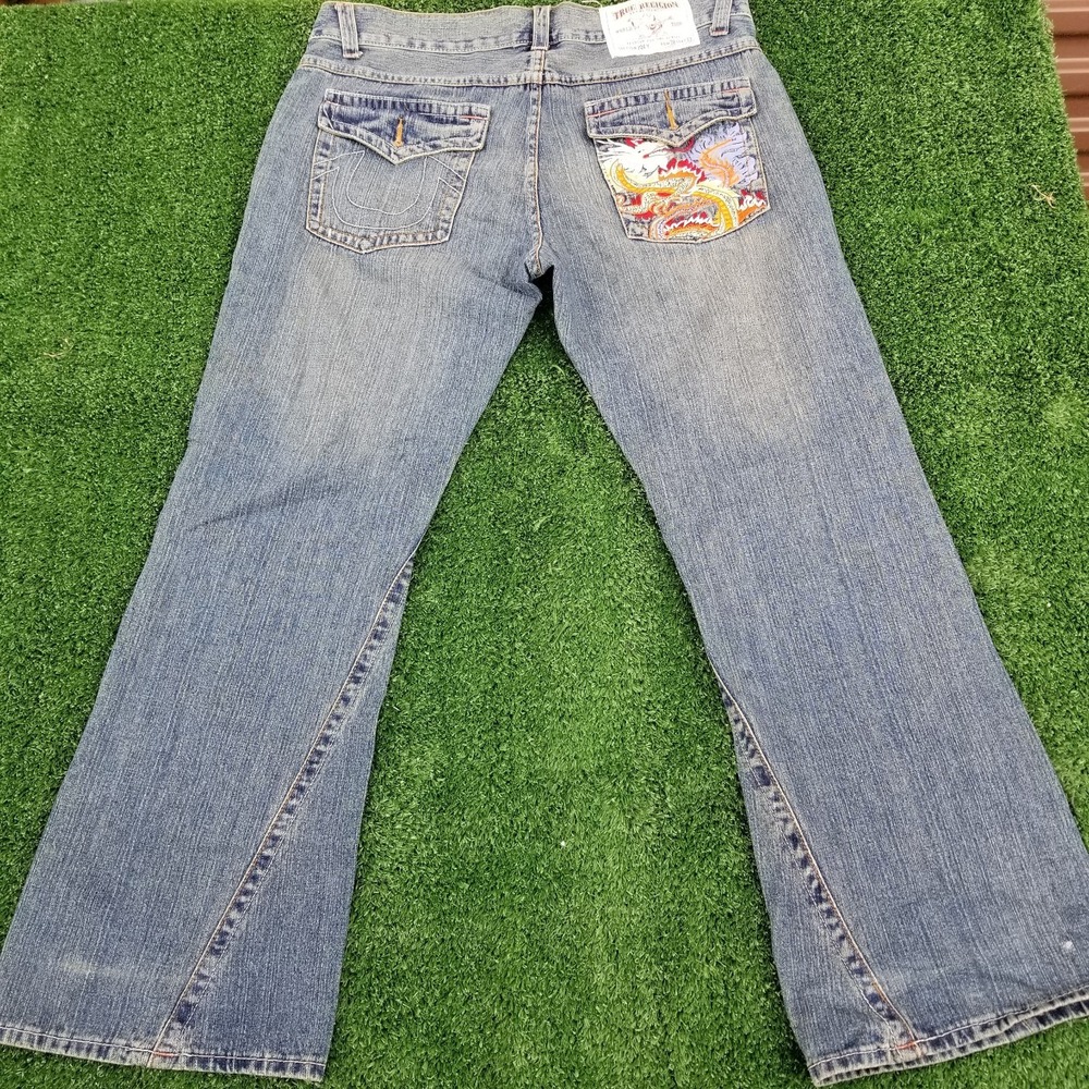 Vintage True‎ Religion Jeans Joey Embroidered Dragon 38x33 Blue Denim Flare 90s - Picture 4 of 16